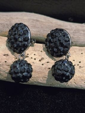 Vintage Carol Lee Black Crystal Drop Clip On  Earrings - Women Jewelry